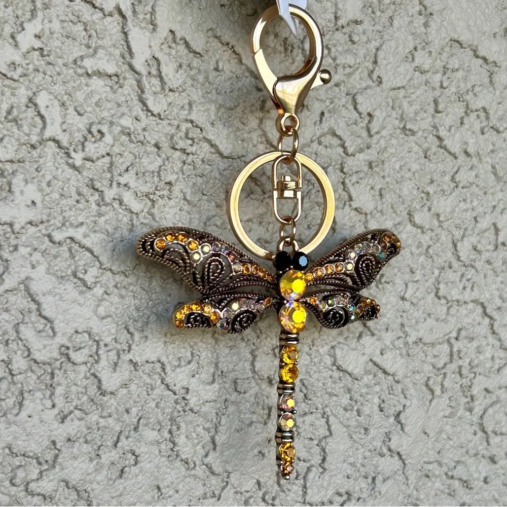Whimsical Yellow Embellished Dragonfly Keychain